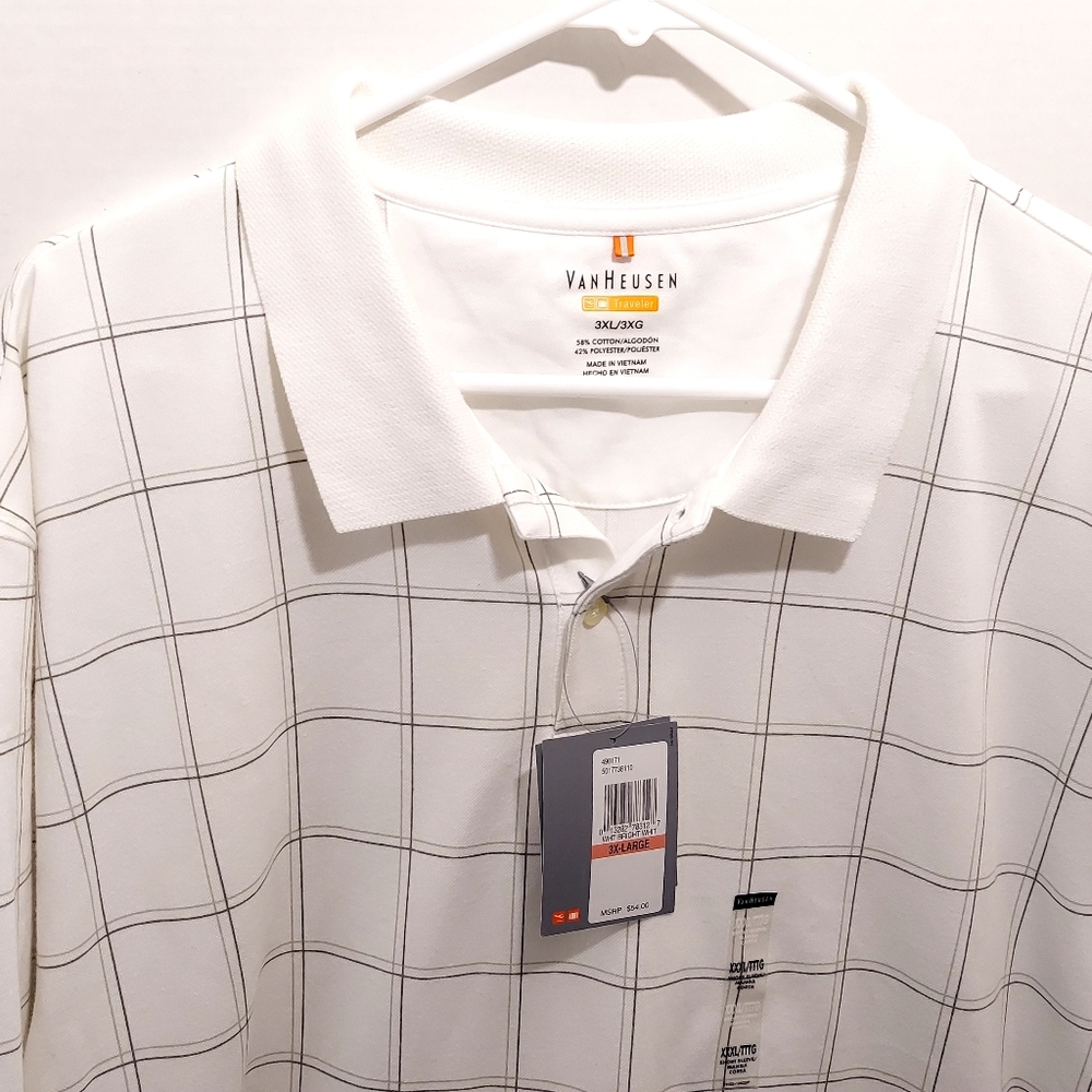 Van Heusen Polo shirt Size 3XL XXL Mens NWT Windowpane Gingham Plaid White Black
